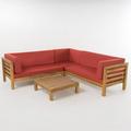 Noble House Oana 4-Piece Outdoor Acacia Wood Sectional Sofa Set in Red