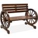 2-Person Wooden Wagon Wheel Bench For Backyard Patio Porch Garden Outdoor Lounge Furniture W/Rustic Country Design Slatted Seat And Backrest - Brown