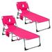Goplus 2 PCS Outdoor Beach Lounge Chair Folding Chaise Lounge with Pillow Pink