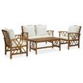 moobody 4 Piece Patio Lounge Set with Cream White Cushions Acacia Wood 2 Garden Chairs with Bench and Coffee Table Outdoor Conversation Set for Garden Lawn Courtyard