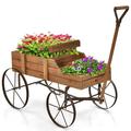 Decorative Garden Planter Small Wagon with Metal Wheels Wood Raised Beds Plant Stand for Backyard Garden Patio 24.5 x13.5 x24 (Natural)