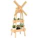 Outdoor Plant Stand 2 Tier Wood Flower Stand with Windmill Garden Decor Plant Shelf with Built-in Mini House Great for Indoor/Outdoor