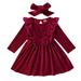 TOWED22 Holiday Baby Girl Outfit Toddler Girls Long Sleeve Dresses Solid Bowknot Princess Dress Headbands ( 3-6 M )