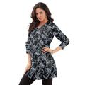 Plus Size Women's Long-Sleeve V-Neck Ultimate Tunic by Roaman's in Black Fan Floral (Size 1X) Long Shirt