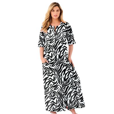 Plus Size Women's Long French Terry Zip-Front Robe by Dreams & Co. in Black White Zebra (Size 6X)