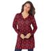 Plus Size Women's Long-Sleeve V-Neck Ultimate Tunic by Roaman's in Red Flower Medallion (Size M) Long Shirt
