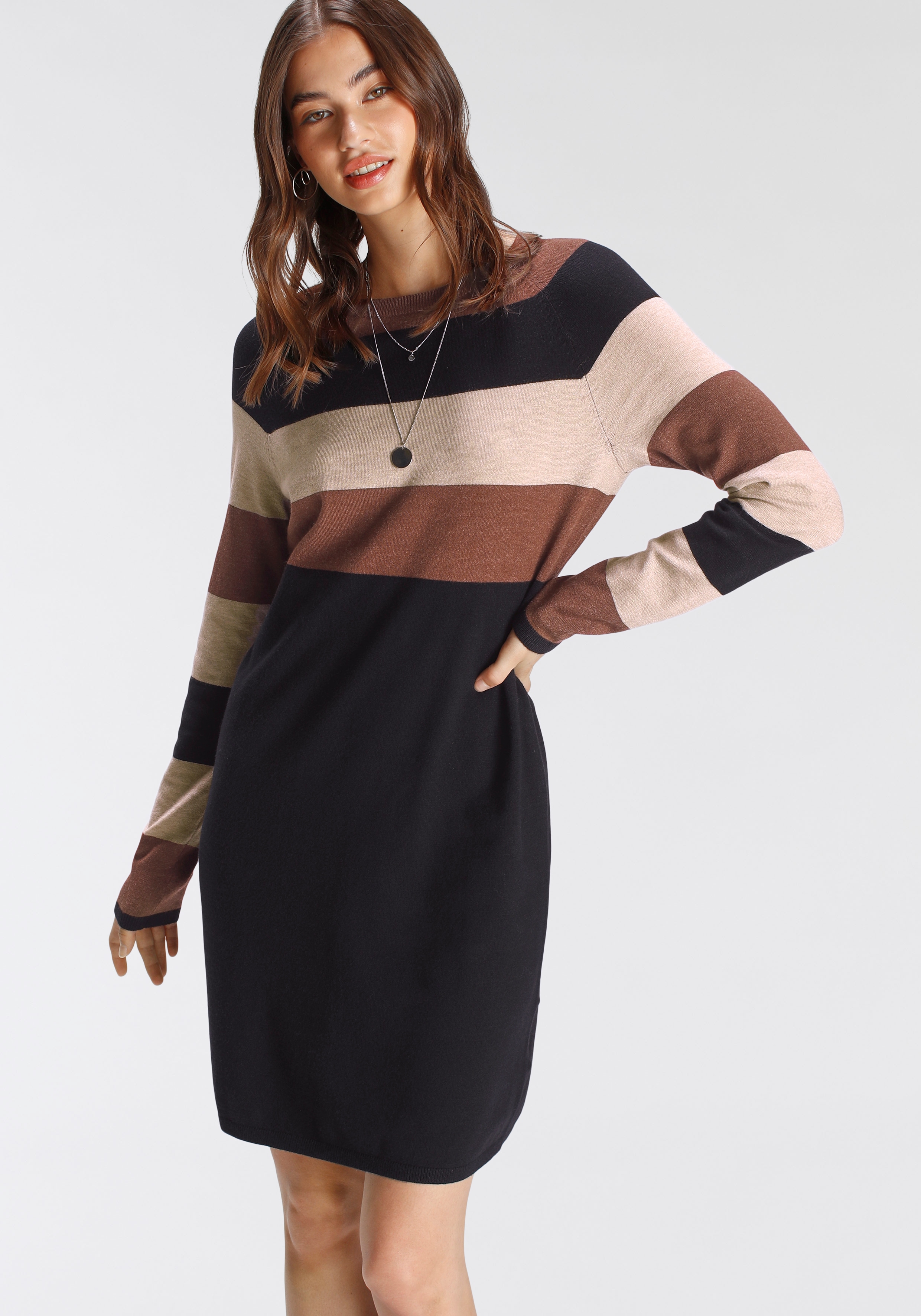 Strickkleid TAMARIS, Damen, Gr. 34, N-Gr, schwarz (schwarz, sand), Feinstrick, Obermaterial: 50% Viskose, 28% Polyester, 22% Polyamid, gestreift, Feminin, figurumspielend ca. Mitte Oberschenkel, Rundhals, Raglanärmel, Kleider, lässiger Look im... Image