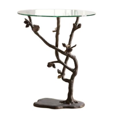 Glass Top Bird And Pinecone Metal End Table - 26 X 22 X 22 inches