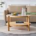 Modern Simple Style Circular Double-layer Coffee Table, Solid Wood Center Table, Rattan Woven Side Table with Glass Top
