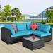 Patio Furniture 5-Piece Outdoor Sofa Set, PE Rattan Wicker Sectional Cushioned Couch Set with 2 Pillows and Glass Coffee Table