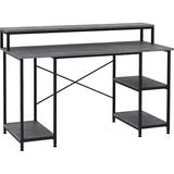 55 Inch Home Office Computer Desk Study Writing Workstation With Storage Shelves Elevated Monitor Shelf CPU Stand Durable X-Shaped Construction Grey Wood Grain