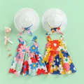 Robe sans manches à imprimé floral pour filles ensemble dos nu + chapeau à large bord décor à gros