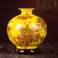 New Chinese Style Vase Jingdezhen Yellow Crystal Glaze Flower Vase Home Decor Handmade Shining