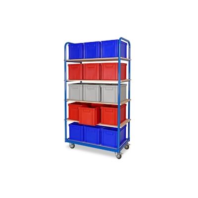 BRB Etagenwagen mit 5 Ebenen, BxTxH 1050x500x1880 mm, 2 Lenk- (mit Feststellbremse) u. 2 Bockrollen mit 15 Euroboxen BxTxH 400x300x280 mm Image