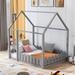 Toddler Floor Bed Full Size Wood House Bed Frame with Fence and Door, Wood Slat Support Easy Assembly House Bed for Kids Toddler