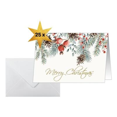 25er-Pack Weihnachtskarten (inkl. Umschläge) »Red berries and pine cones« A6 mehrfarbig, Sigel, 10.5x14.8 cm