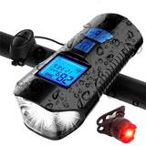 Seekfunning 4-in-1 Rechargeable Bicycle LED Light with Speedometer Bell; Tail Light