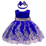 IBTOM CASTLE Lace Flower Girl Sequins Bow V-Back Tutu Dress for Kids Baby Christening Communion Birthday Party Wedding Dresses+Headwear 3-6 Months Royal Blue 01