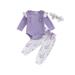 Suanret 3Pcs Newborn Baby Girls Tops Pants Outfits Ruffle Long Sleeve Romper Pants Headband Clothes Sets Purple 0-3 Months