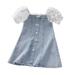 Quealent Toddler Girl Christmas Puff Sleeve Lace Mesh Dress Girl Denim Dresses Sundress Princess Dresses Girls Sweaters Denim Girls Dress Blue 3-4 Years