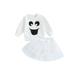 Suanret 2PCS Toddler Kids Girls Halloween Clothes Ghost Print Long Sleeve Sweatshirt Mesh Tulle Skirt Outfits White 2-3 Years
