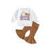 Suanret Toddler Kid Girls Halloween Clothes Letters Print Long Sleeve Sweatshirt with Flare Pants Outfits White 3-4 Years