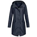 Qcmgmg Wind Rain Jacket Women Lined Waterproof Long Rain Coat Jacket Women Hooded Long Sleeve Windbreaker Ponchos for Women Navy M