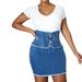 Quealent Mini Skirt High Waist Denim Skirt with Tie Belt Hot Tennis Skirt Denim Women Skirt Blue 2XL