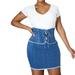 Quealent Mini Skirt High Waist Denim Skirt with Tie Belt Hot Tennis Skirt Denim Women Skirt Blue L