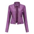 Wyongtao Women Faux Leather Jacket Slim Stand Collar Zip Motorcycle Cropped Coat with Belt Purple XXL