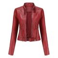 Wyongtao Women Faux Leather Jacket Slim Stand Collar Zip Motorcycle Cropped Coat with Belt Red XL