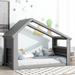 Twin House Floor Bed with Roof Window, LED Light,Gray