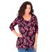 Plus Size Women's Long-Sleeve V-Neck Ultimate Tee by Roaman's in Berry Bold Roses (Size 22/24) Shirt