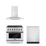 Cosmo 3 Piece Kitchen Appliance Package w/ 36" Gas Freestanding Range, Built-In Dishwasher, & Wall Mount Range Hood in Black/Gray | Wayfair