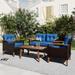 4-Piece Outdoor Garden PE Rattan Seating Set, Backyard Conversation Set Poolside Sofa Chair Set with Wood Table and Legs
