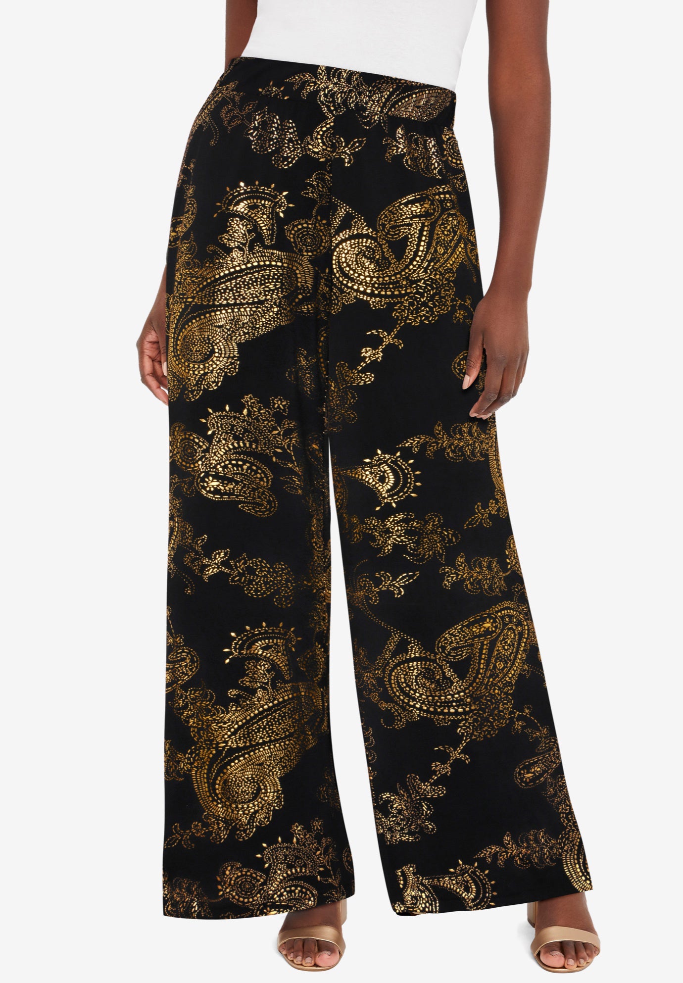 Plus Size Women's Stretch Knit Wide Leg Pant by The London Collection in Metallic Paisley (Size 22/24) Wrinkle Resistant Pull-On Stretch Knit