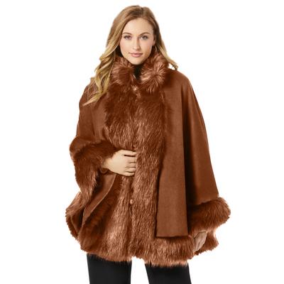 Plus Size Women's Faux Fur Trim Wool Cape by Jessica London in Cognac (Size 26/28) Wool Poncho Hook and Eye Closure