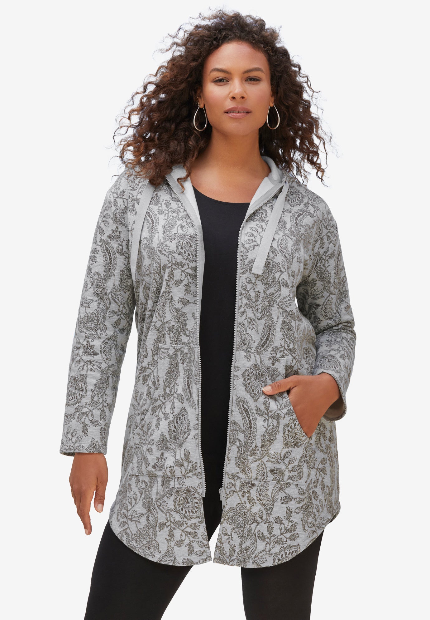 Plus Size Women's Fleece Zip Hoodie Sweatshirt by Roaman's in Heather Grey Outline Paisley (Size S) Jacket