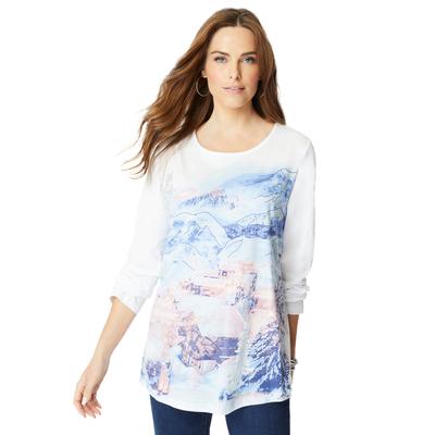 Plus Size Women's Travel Graphic Long-Sleeve Tee by Roaman's in White Winter Print (Size 14/16)