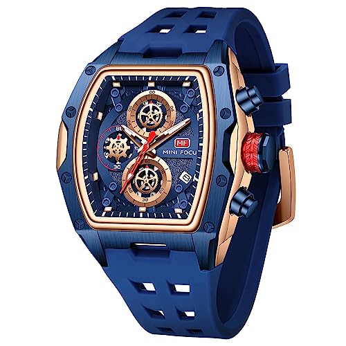 MF MINI FOCUS Watch for Men Wristwatch Fashion Hollow Big Dial Luminous Waterproof Sport Analog Quartz Business Chronograph Mens Watches Blue Silicon Strap Dress Watch, N-Gold blue, sports, business