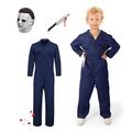 Michael Myers Kids Set Costume Halloween Mike Cosplay Kids with Mask & Knife Horror Killer Jumpsuit Coveralls Costume Props for boys gilrs Kids Halloween (Blue, L)