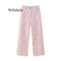 Willshela-Pantalon à jambes larges pour femme broderie rose fermeture éclair avant vintage