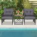 Costway 3 PCS Patio Rattan Furniture Set Acacia Wood Coffee Table & 2 Chairs Backyard Gray Cushion