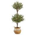 Nearly Natural 4.5ft. Artificial Olive Double Topiary with Handmade Jute & Cotton Basket with Tassels Green