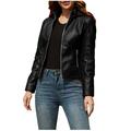 Winter Savings Clearance! Kukoosong Womens Leather Jacket Shacket Jacket Plus Size Faux Motorcycle Plain Zip up Short Coat with Pocket Long Sleeve Casual Collar Outerwear Tops Black M