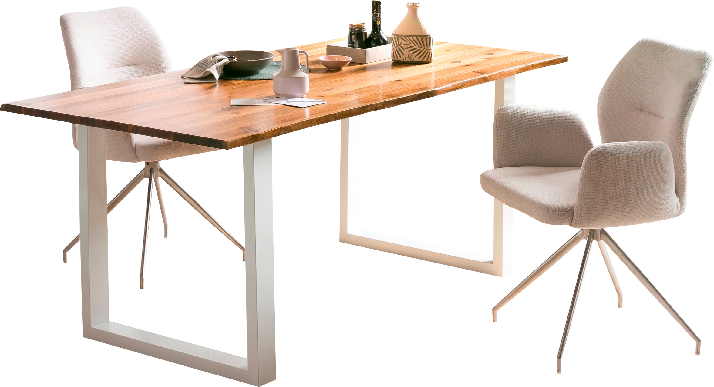 Baumkantentisch SALESFEVER "Tisch mit Baumkante im Naturlook", weiß (natur, weiß, weiß, natur), B:180cm H:75cm T:90cm, Akazie, Metall, Tische, Metall triff Akazie