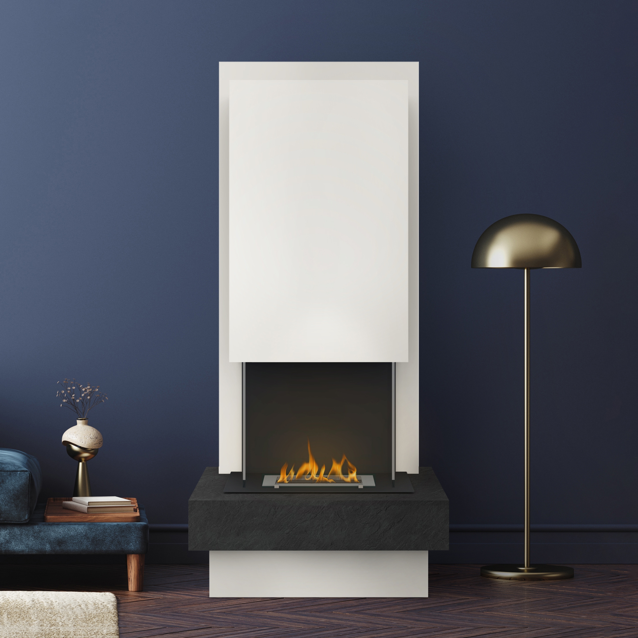 muenkel design Arco [moderner Design Ethanolkamin]: Nero (Schiefer schwarz) - safety burner 450 - Weiß Image