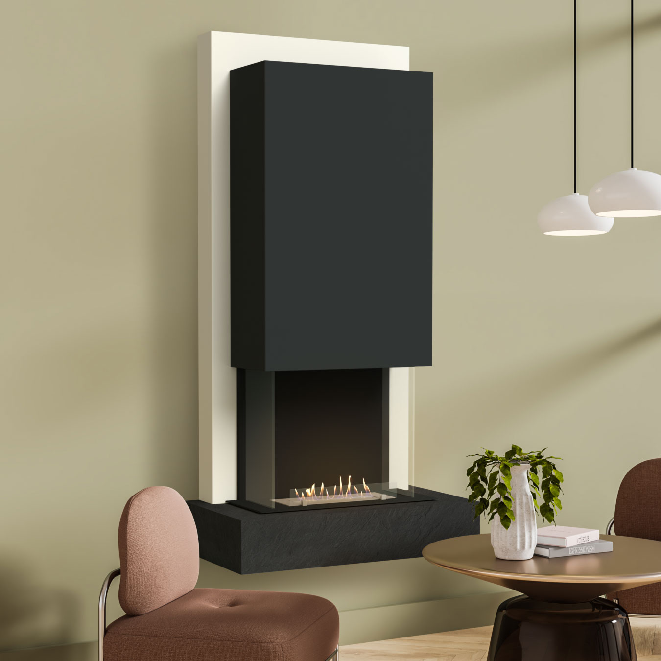 muenkel design Arco [moderner Design Ethanolkamin]: Nero (Schiefer schwarz) - Planika Senso - schwarz-grau