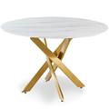 Table ronde verre effet marbre blanc et pieds or