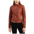 Zpanxa Womens Leather Jacket Slim Stand Collar Zip Motorcycle Suit Belt Coat Fall and Winter Fashion Short Jacket Tops Brown S